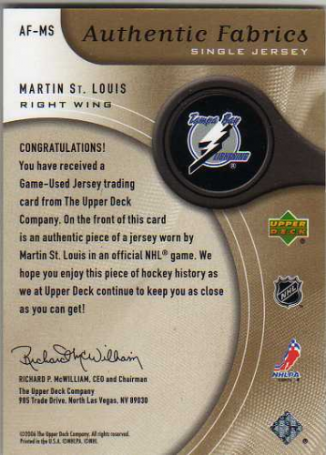 2005-06 SP Game Used Authentic Fabrics Gold #AFMS Martin St. Louis back image
