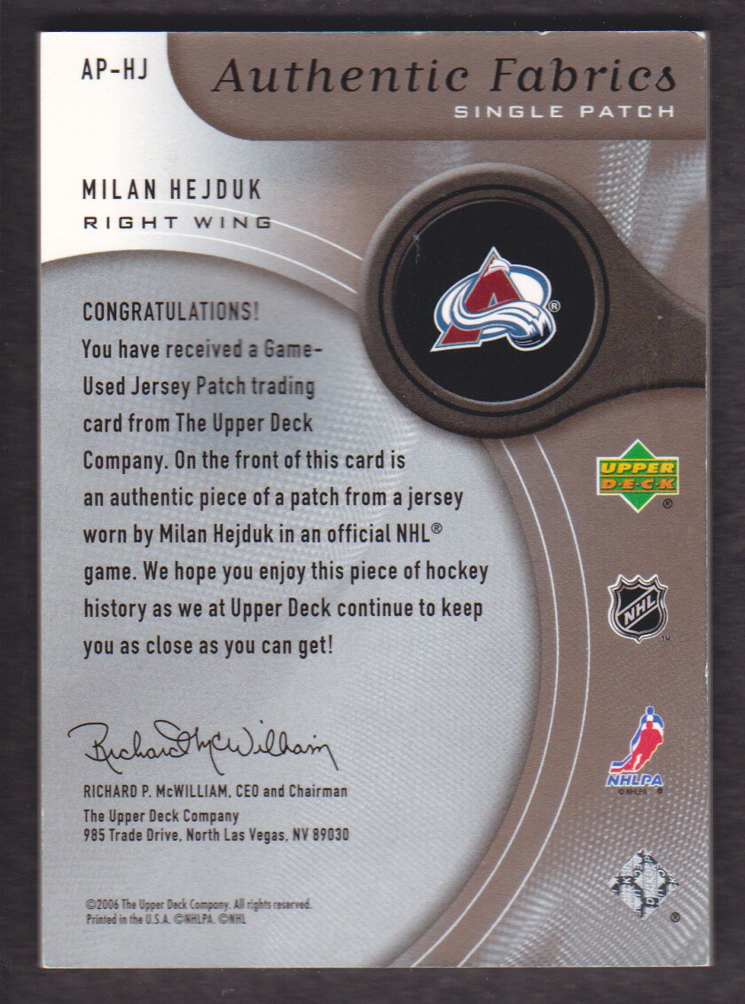 2005-06 SP Game Used Authentic Fabrics Patches #APHJ Milan Hejduk back image