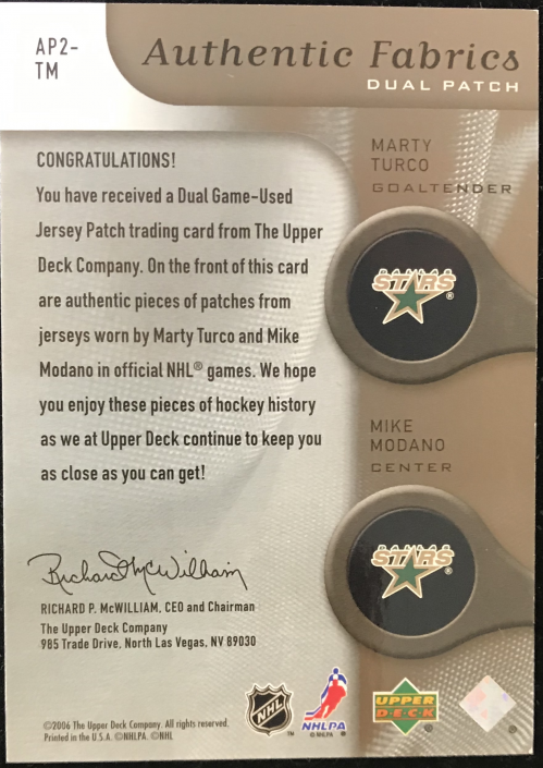 2005-06 SP Game Used Authentic Fabrics Dual Patches #TM Marty Turco/Mike Modano back image