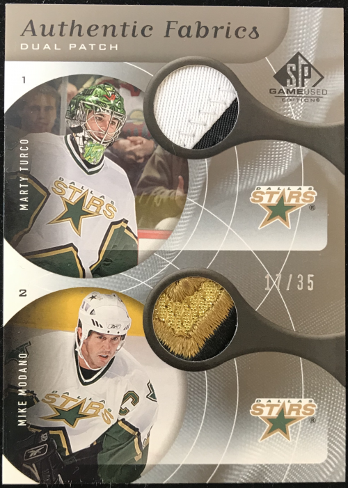 2005-06 SP Game Used Authentic Fabrics Dual Patches #TM Marty Turco/Mike Modano
