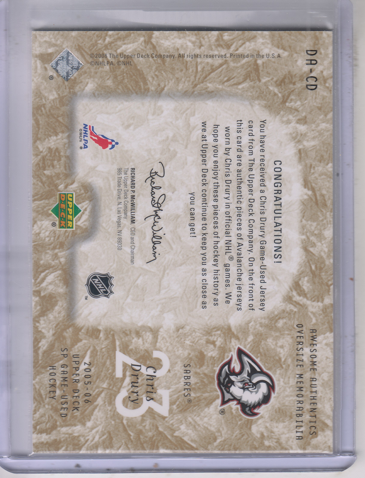 2005-06 SP Game Used Awesome Authentics Gold #DACD Chris Drury back image