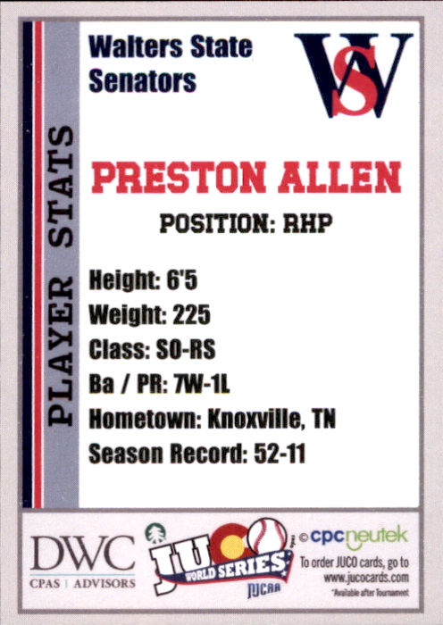 2026 Walters State Senators Juco Cards #1 Preston Allen back image