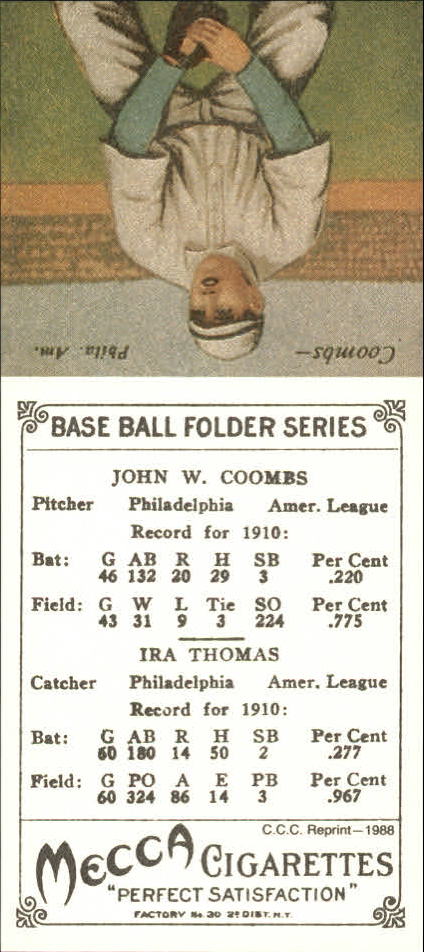 1911 Mecca Double Folders T201 #44 Ira Thomas/Jack Coombs back image