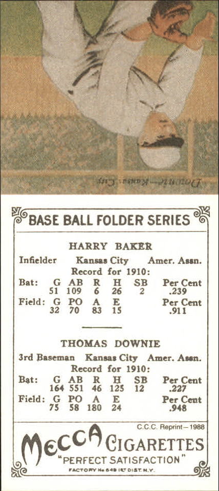 1911 Mecca Double Folders T201 #2 Harry Baker/Thomas Downie/UER No Player named Baker played for K.C. in 1910/UER (sic Downey) back image