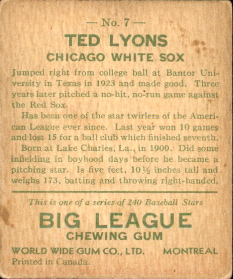 1933 World Wide Gum V353 #7 Ted Lyons back image