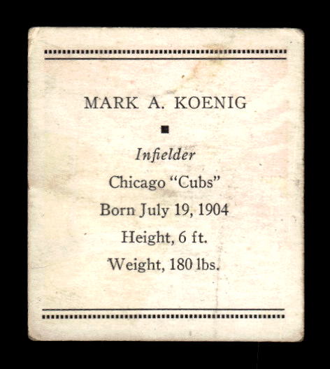 1933 Tattoo Orbit #39 Mark Koenig back image