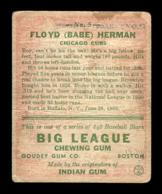 1933 Goudey #5 Babe Herman RC back image