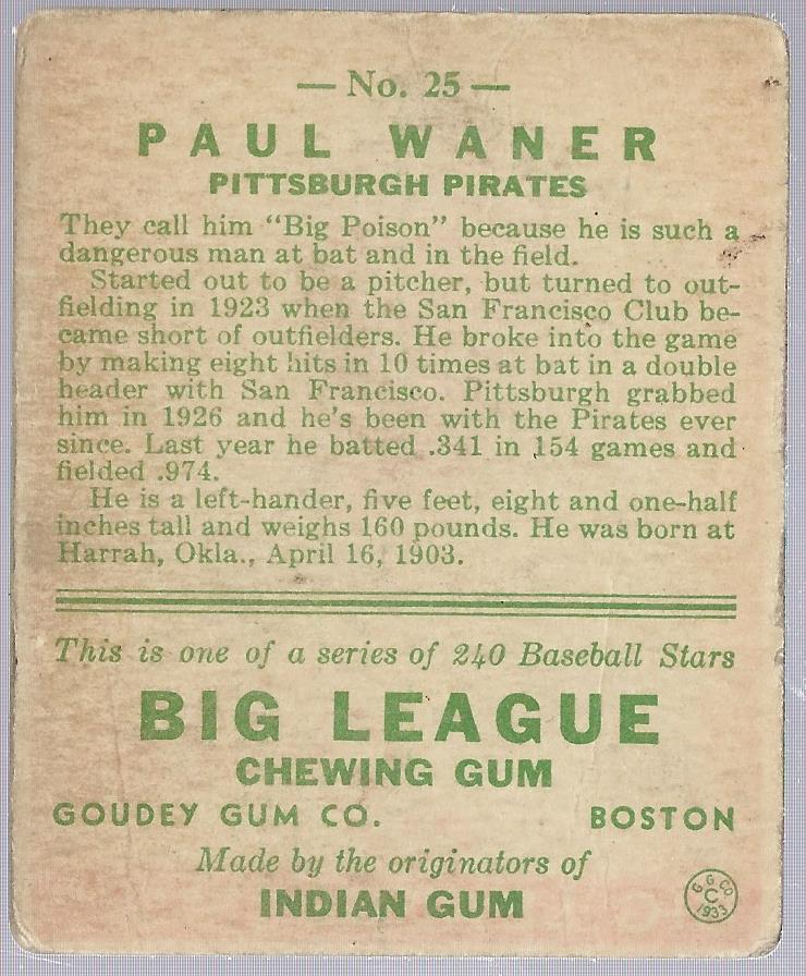 1933 Goudey #25 Paul Waner RC back image