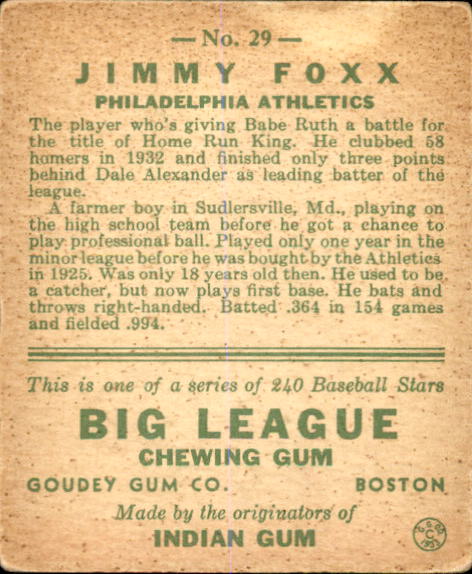 1933 Original All-Stars # 12 Jimmie Foxx -- Philadelphia Athletics