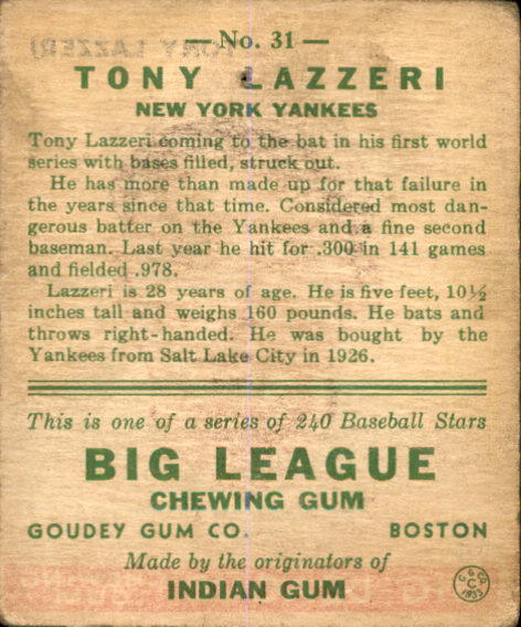 1933 Goudey #31 Tony Lazzeri RC back image
