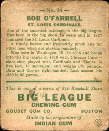 1933 Goudey #34 Bob O'Farrell RC back image