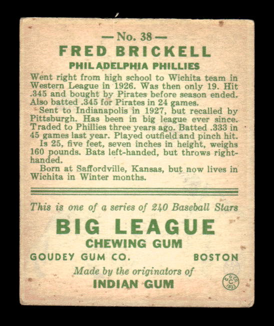 1933 Goudey #38 Fred Brickell RC back image