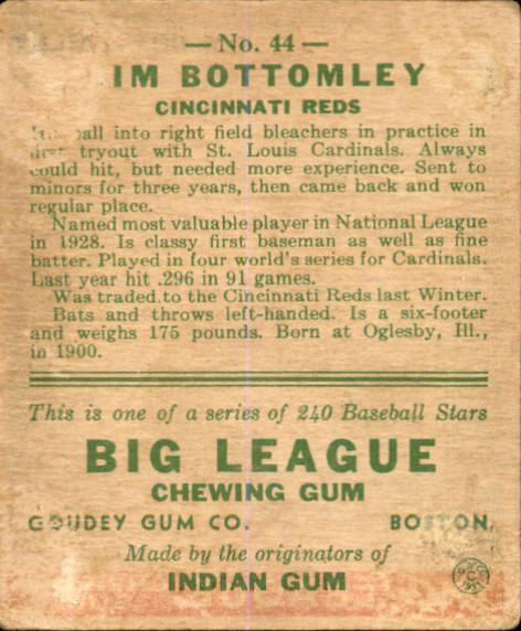 1933 Goudey #44 Jim Bottomley RC back image