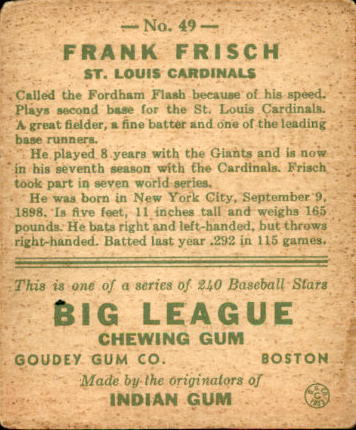 1933 Goudey #49 Frankie Frisch RC back image