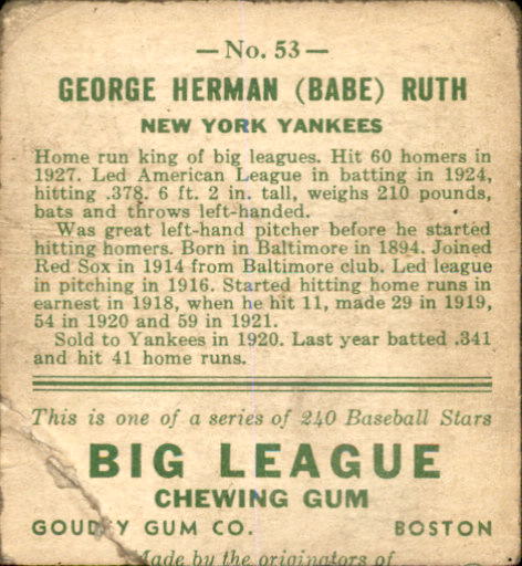 1933 Goudey #53 Babe Ruth RC back image