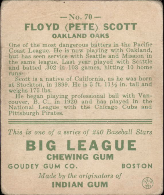 1933 Goudey #70 Floyd (Pete) Scott RC back image