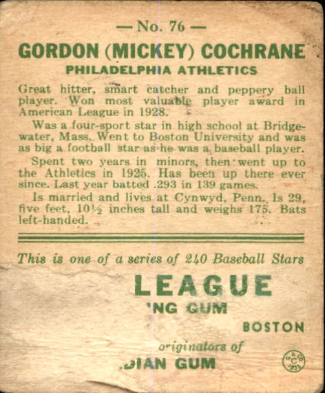 1933 Goudey #76 Mickey Cochrane RC back image
