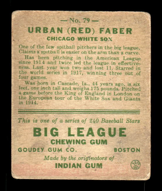 1933 Goudey #79 Red Faber RC back image