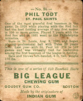 1933 Goudey #86 Phil Todt RC back image
