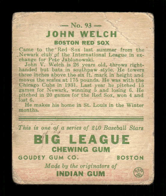 1933 Goudey #93 John Welch RC back image