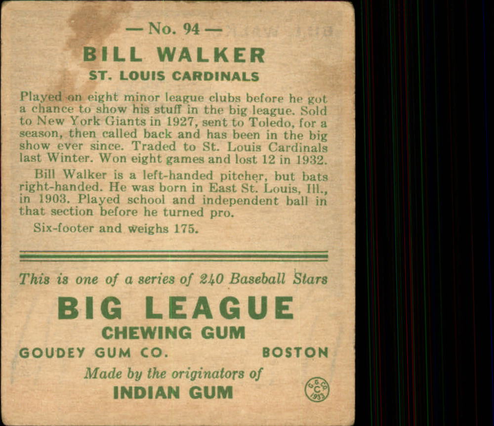 1933 Goudey #94 Bill Walker RC back image