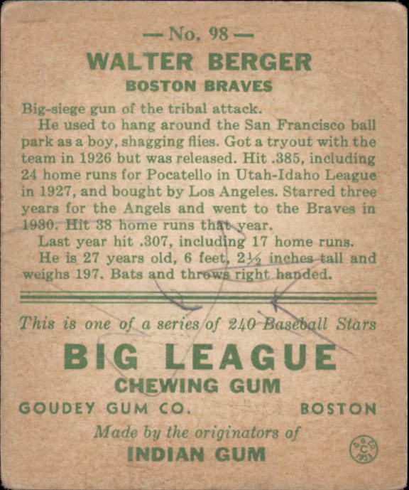 1933 Goudey #98 Wally Berger RC back image