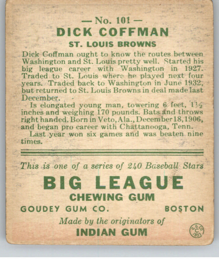 1933 Goudey #101 Richard Coffman RC back image