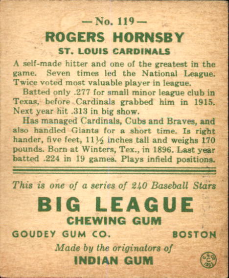 1933 Goudey #119 Rogers Hornsby Field RC back image