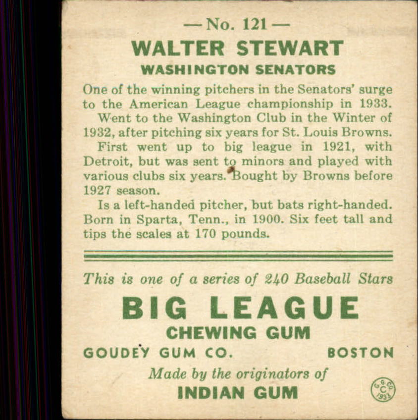 1933 Goudey #121 Walter Stewart RC back image