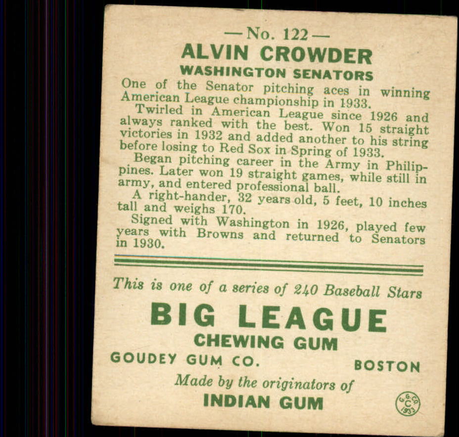 1933 Goudey #122 Alvin Crowder RC back image