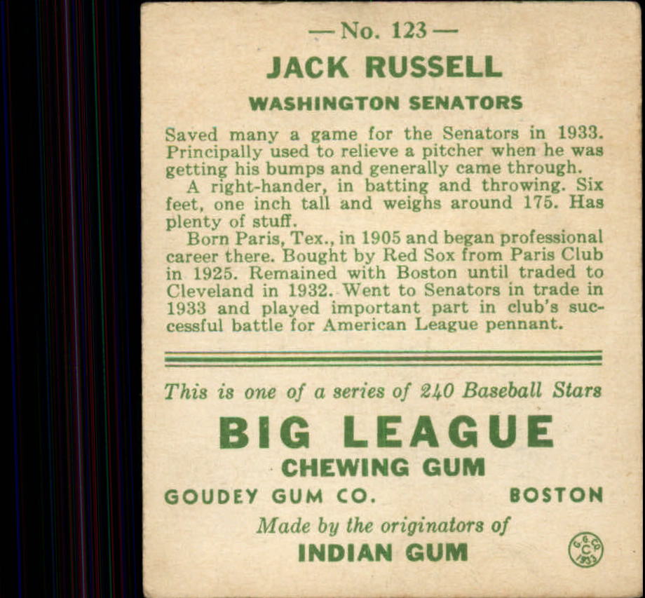 1933 Goudey #123 Jack Russell RC back image