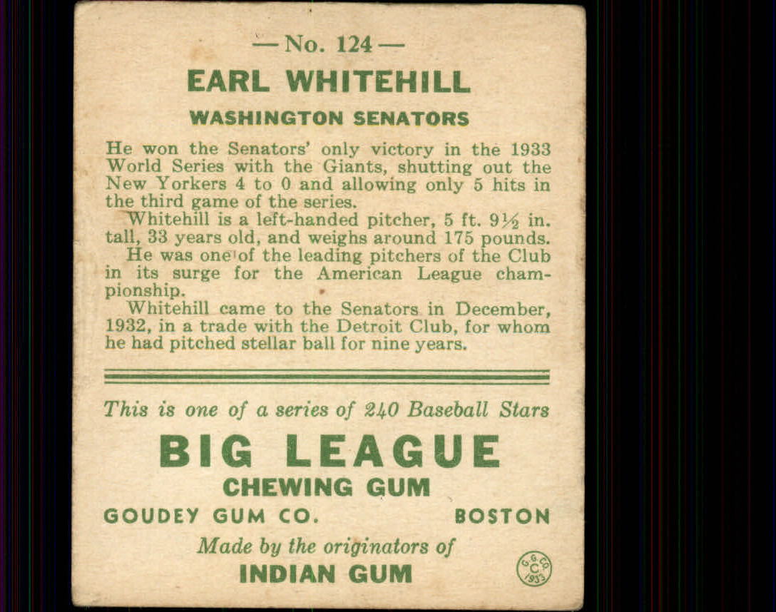 1933 Goudey #124 Earl Whitehill RC back image