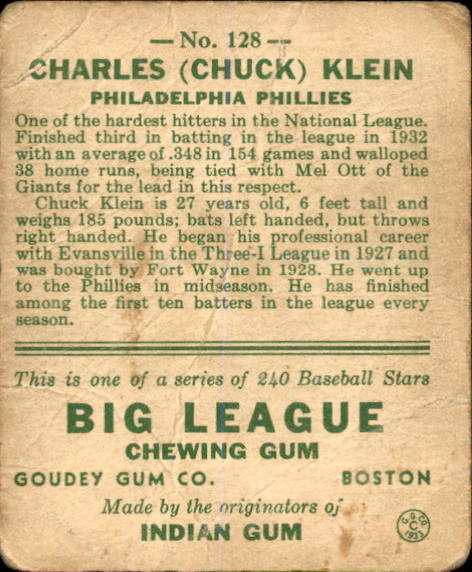 1933 Goudey #128 Chuck Klein RC back image