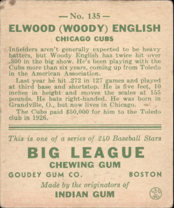 1933 Goudey #135 Woody English RC back image