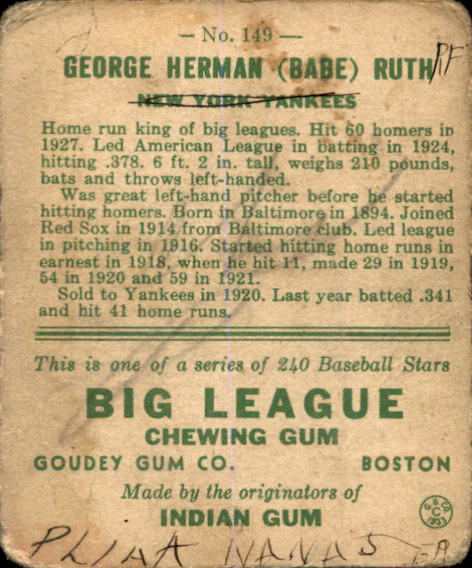 1933 Goudey #149 Babe Ruth RC back image