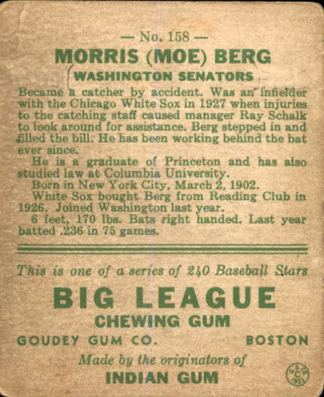 1933 Goudey #158 Moe Berg RC back image