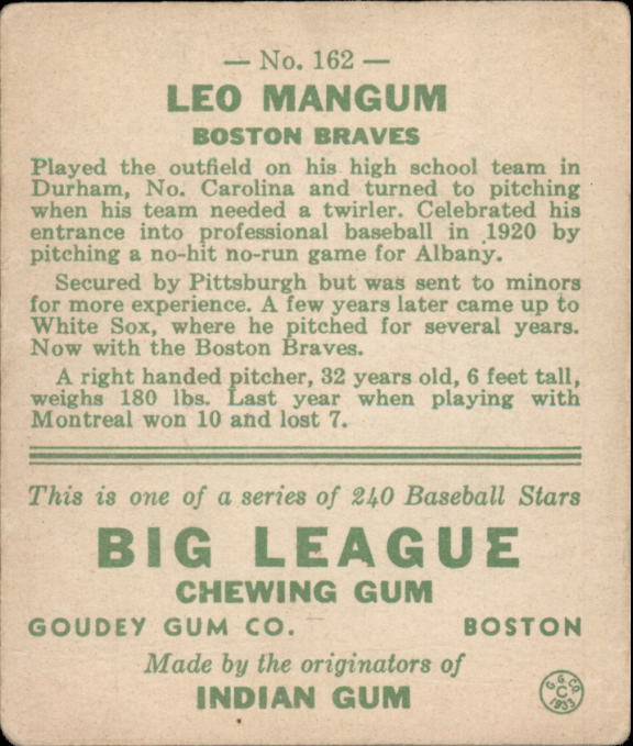 1933 Goudey #162 Leo Mangum RC back image