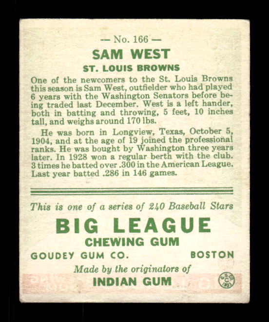 1933 Goudey #166 Sam West RC back image