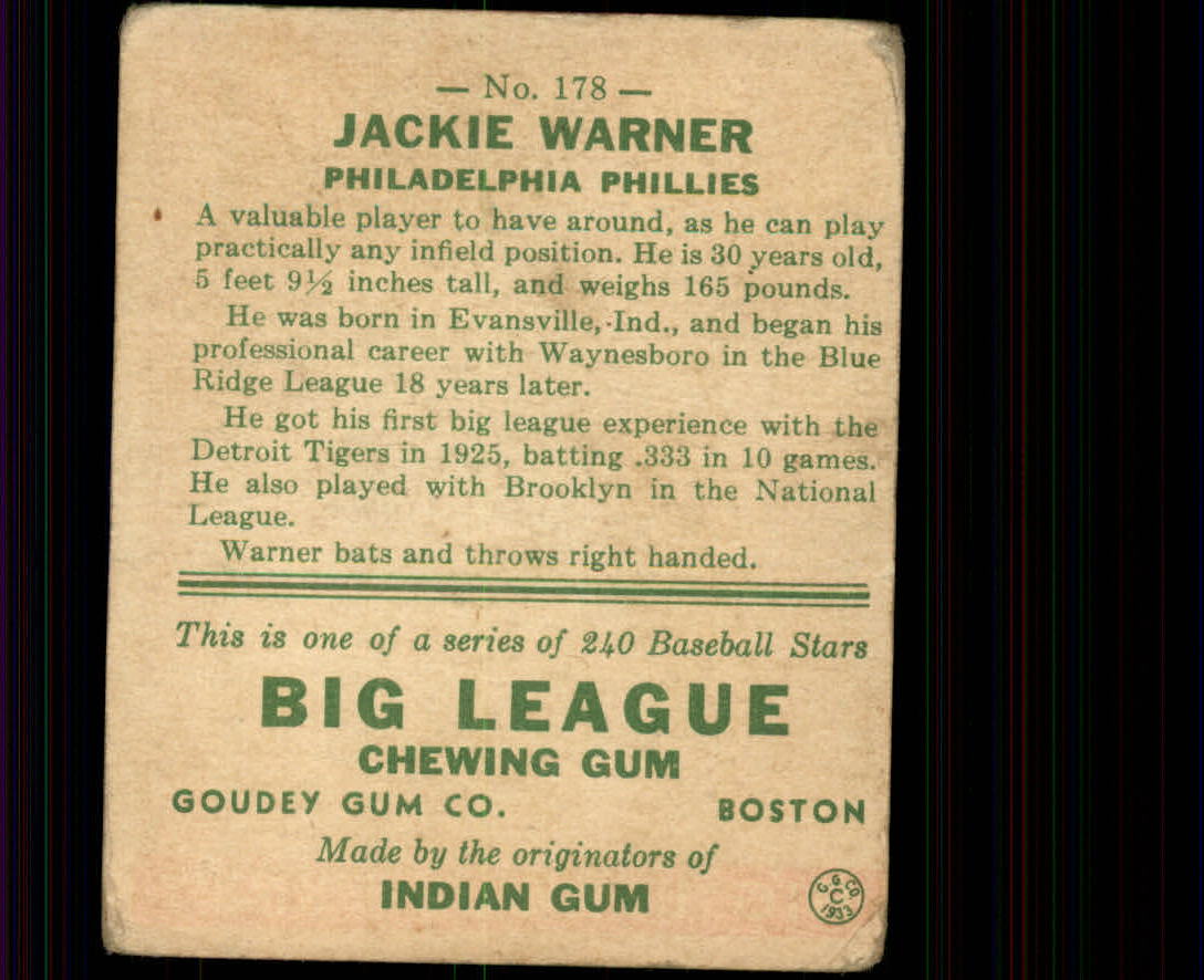 1933 Goudey #178 Jackie Warner RC back image
