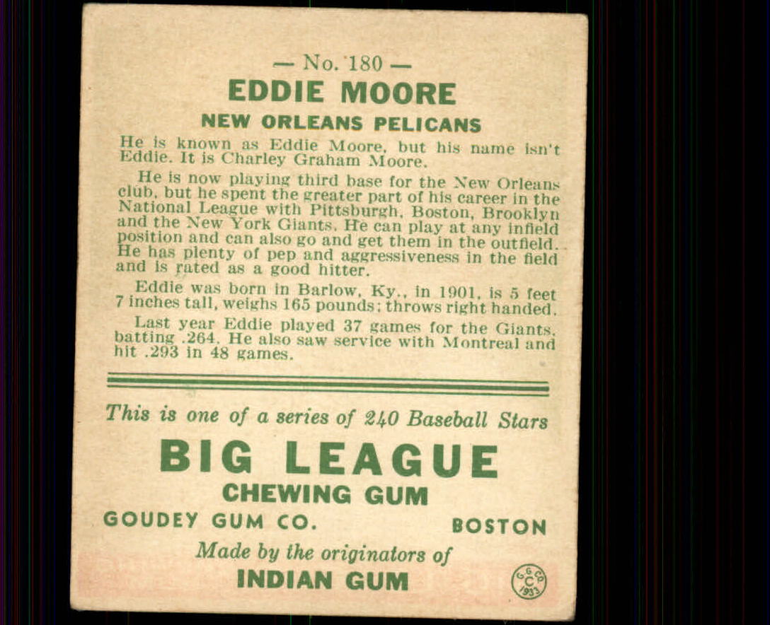 1933 Goudey #180 Eddie Moore RC back image