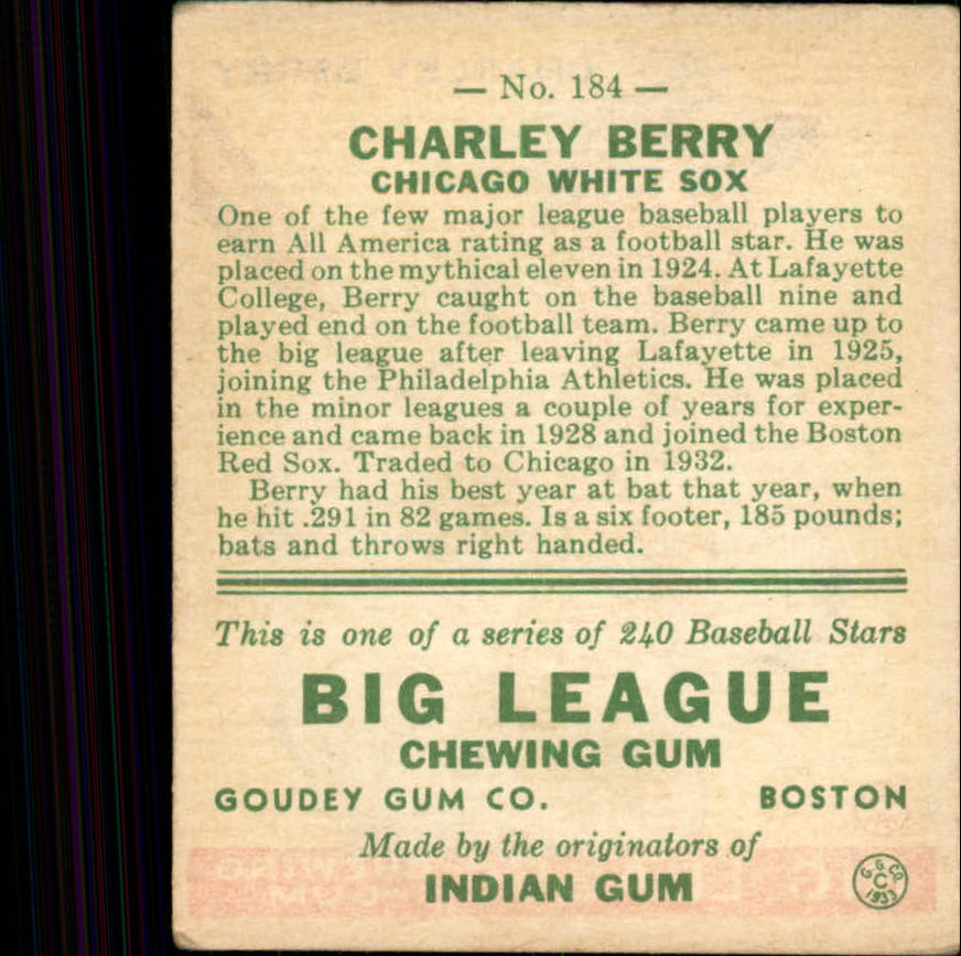 1933 Goudey #184 Charley Berry RC back image