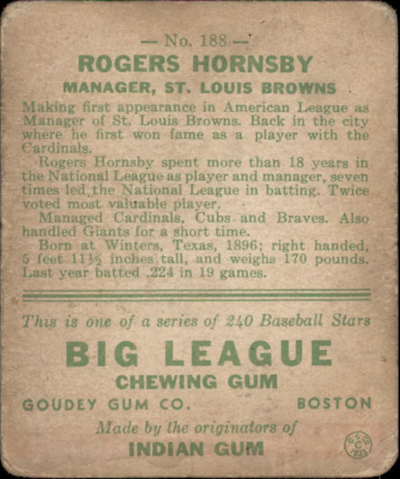 1933 Goudey #188 Rogers Hornsby RC back image