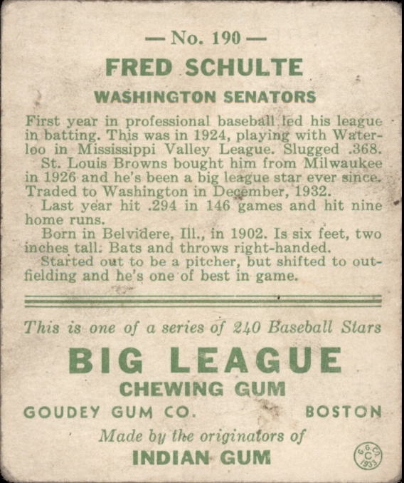 1933 Goudey #190 Fred Schulte RC back image