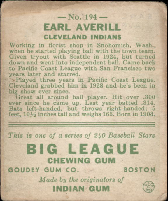 1933 Goudey #194 Earl Averill RC back image