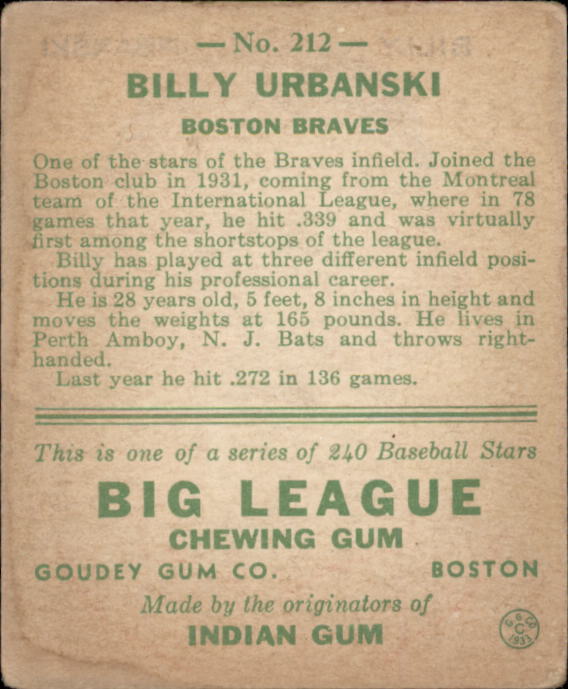 1933 Goudey #212 Billy Urbanski RC back image
