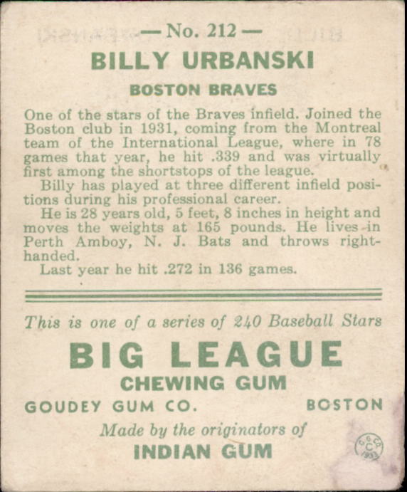 1933 Goudey #212 Billy Urbanski RC back image