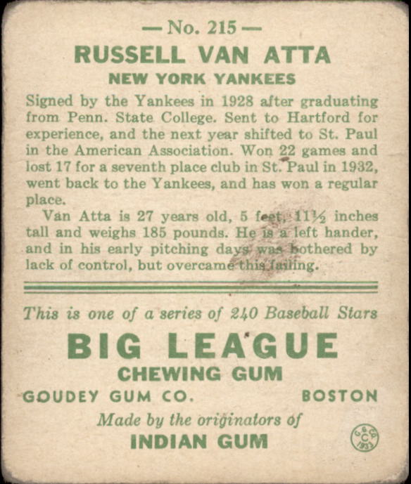 1933 Goudey #215 Russ Van Atta RC back image