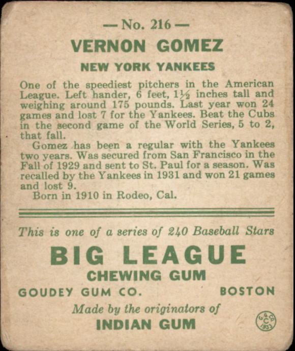 1933 Goudey #216 Lefty Gomez RC back image