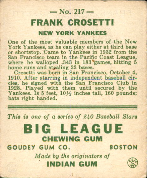1933 Goudey #217 Frank Crosetti RC back image