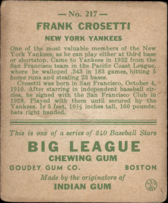 1933 Goudey #217 Frank Crosetti RC back image